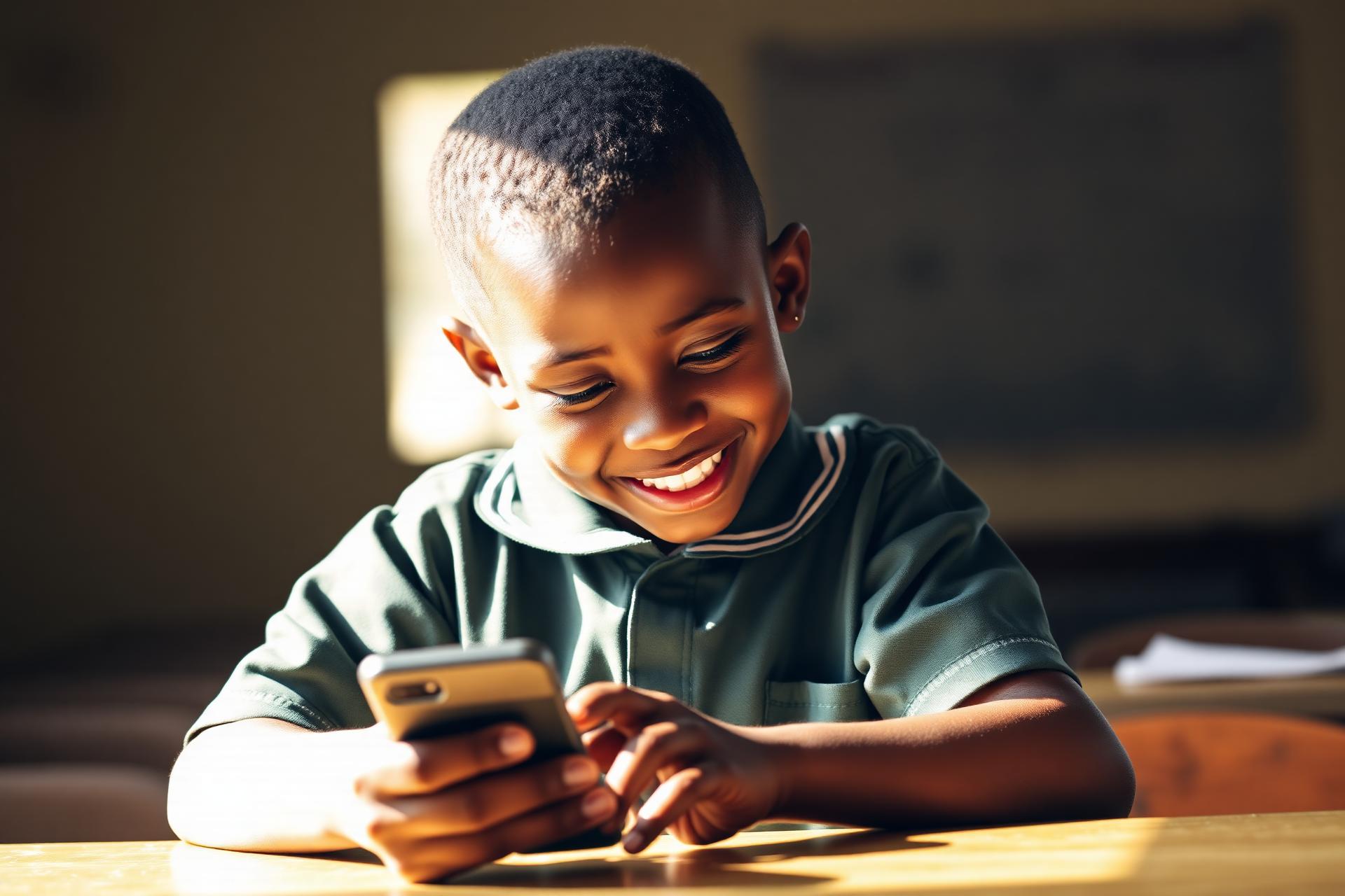 An African child learning on a smartphone